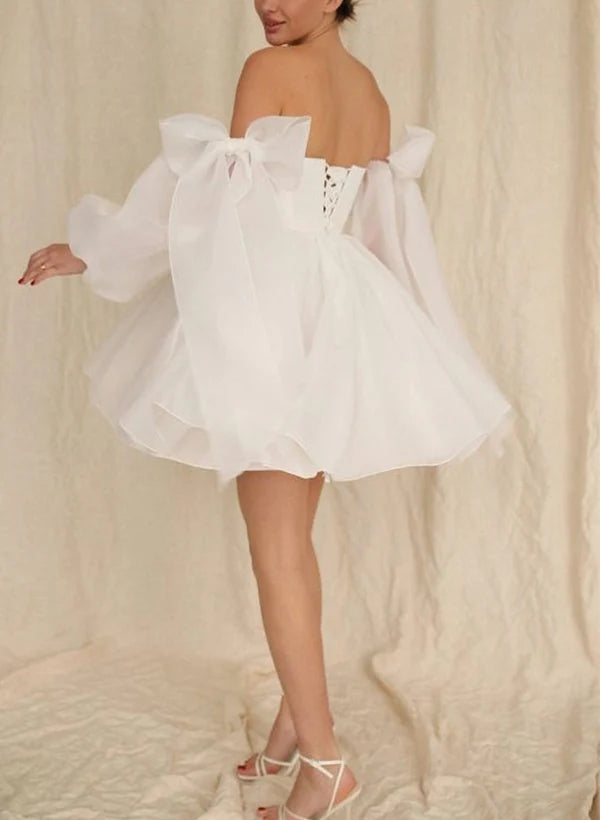 Wedding Dresses A-Line Puff Long Sleeves Short With Bows