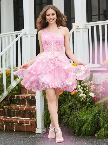 Homecoming Dresses One Shoulder Tiered Tulle A-Line Mini Dresses