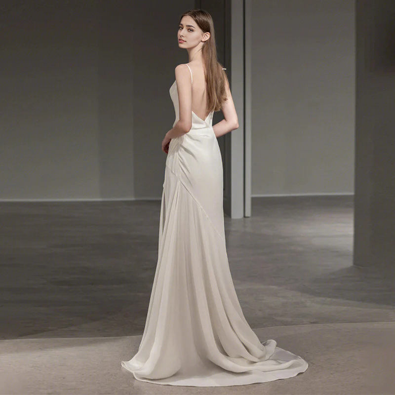 Wedding Dress French Spaghetti Strap Satin V Back Side Fork Elegant Simple Long Formal Wear Dresses