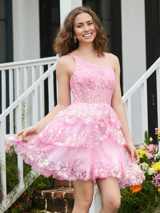 Homecoming Dresses One Shoulder Tiered Tulle A-Line Mini Dresses