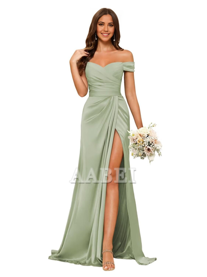 Bridesmaid Dresses Elegant Off Shoulder Mermaid Side Fork Long Ruched Satin Wedding Guest Dresses