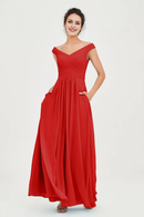 AABEI DRESS Bridesmaid Dresses Chiffon A-Line V-Neck Sleeveless Off-Shoulder Pleated Dresses Wedding Guests Dresses