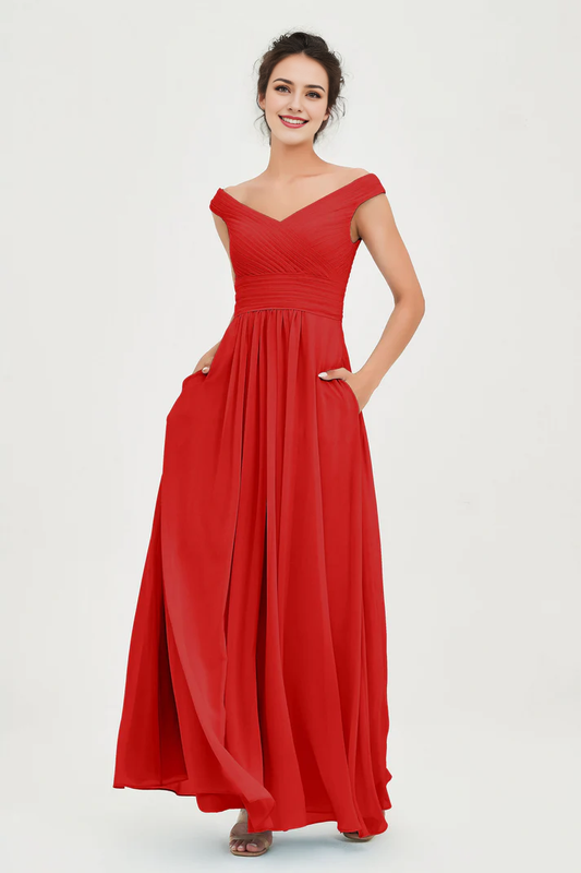 AABEI DRESS Bridesmaid Dresses Chiffon A-Line V-Neck Sleeveless Off-Shoulder Pleated Dresses Wedding Guests Dresses