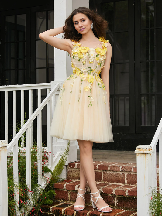 Homecoming Dresses Floral Square Lace-Up A-Line Tulle Mini Dress