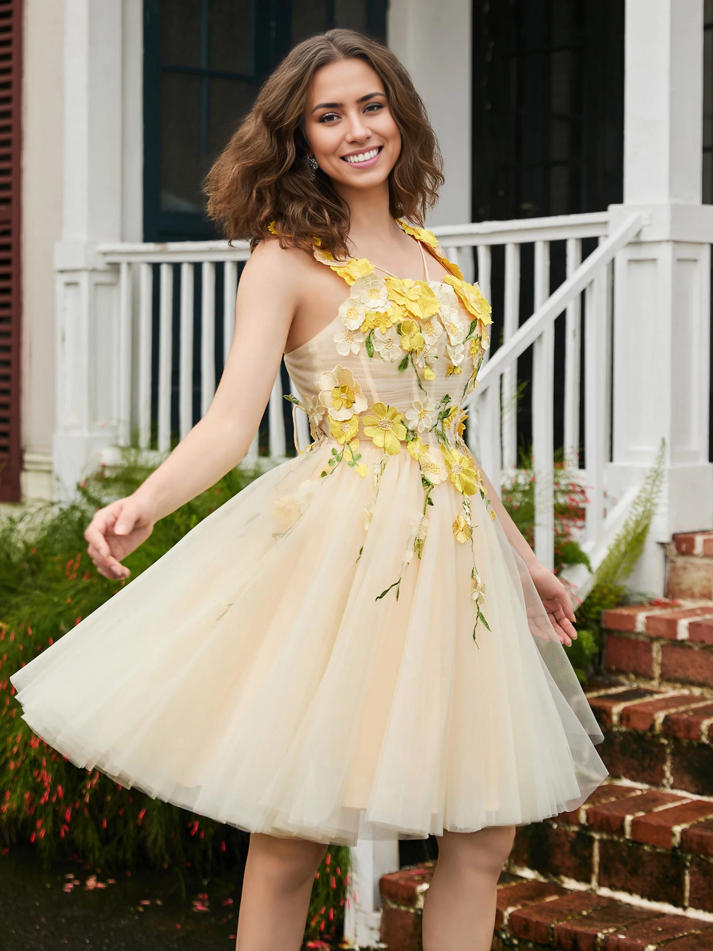 Homecoming Dresses Floral Square Lace-Up A-Line Tulle Mini Dress