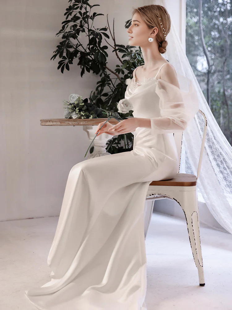 Wedding Dress Spaghetti Strap Long Sleeves V Back Elegant Simple Long Formal Wear Dresses