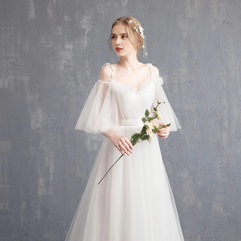 Wedding Dress Sweetheart A Line Tulle Spaghetti Strap Long Train Formal Wear Dresses No veil
