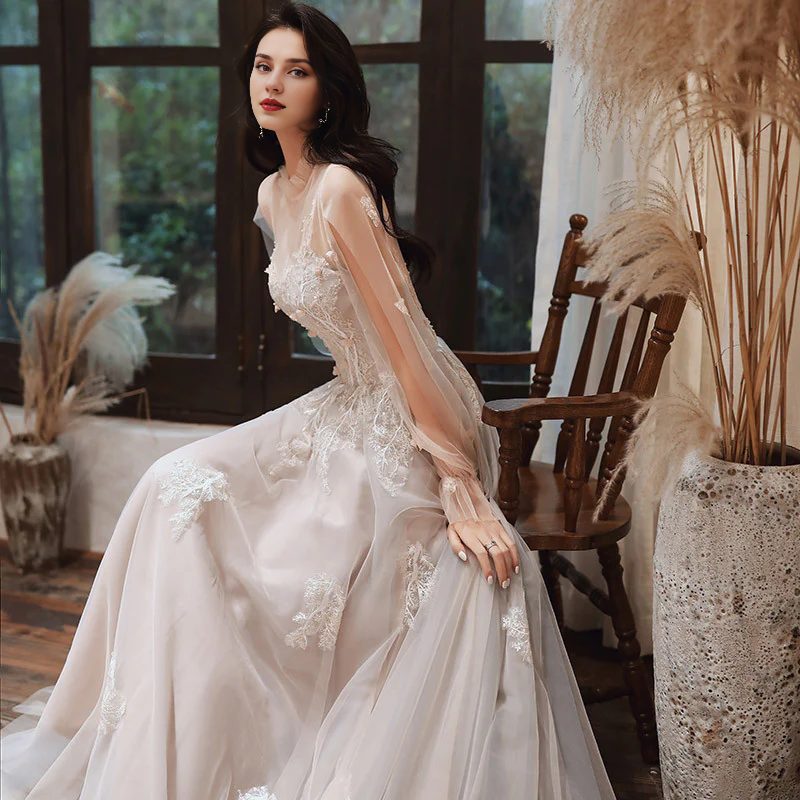Wedding Dress Long Sleeves Lace Tulle A Line Long Elegant Fantastic Luxury Formal Wear Dresses
