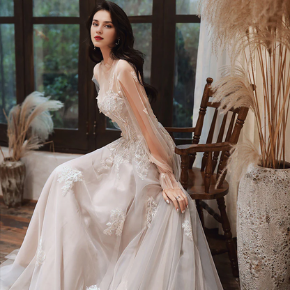 Wedding Dress Long Sleeves Lace Tulle A Line Long Elegant Fantastic Luxury Formal Wear Dresses