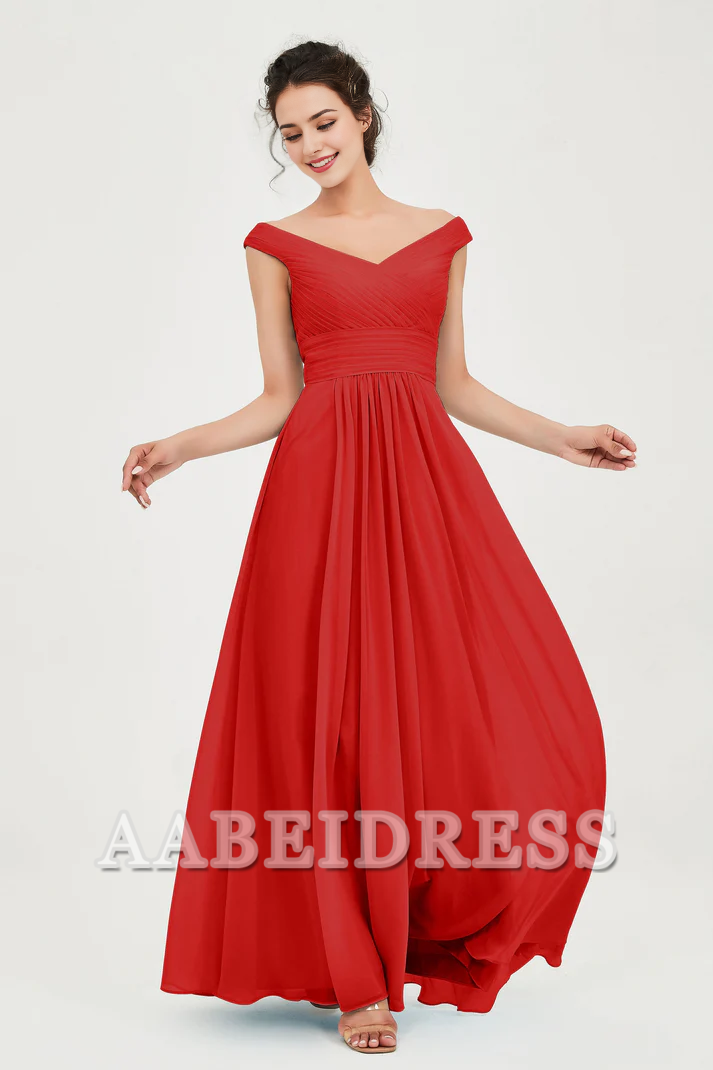 AABEI DRESS Bridesmaid Dresses Chiffon A-Line V-Neck Sleeveless Off-Shoulder Pleated Dresses Wedding Guests Dresses