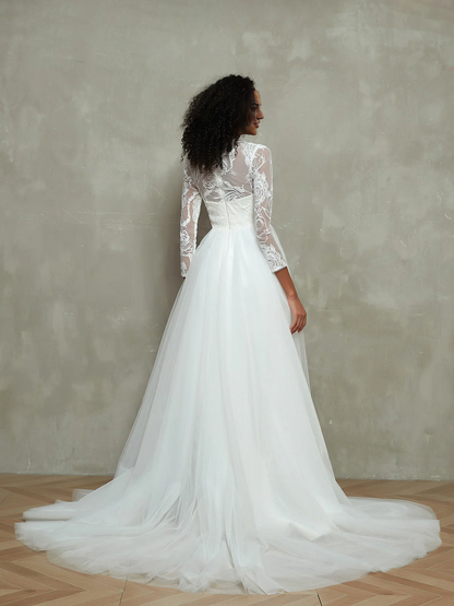 Wedding Dresses Bead string Illusion Neck Lace Top  Long Sleeves Tulle Skirt Formal Dresses