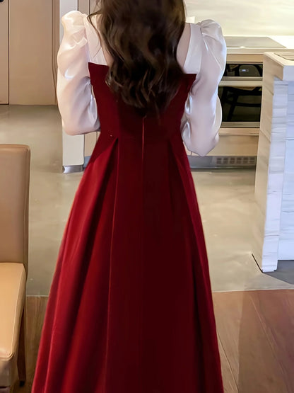 December Wedding Guest Dress Color Block Ruffle Trim Long Sleeves Dress  Bead string Sweet heart Neck Elegant Party Dress