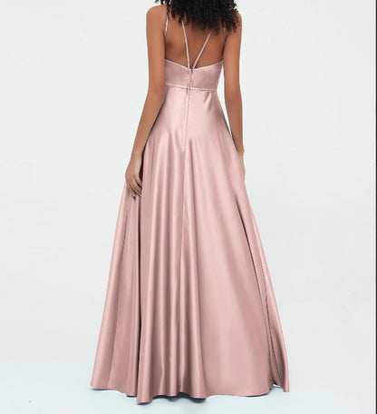 Evening Dress A-Line Halter Satin Pockets Dresses