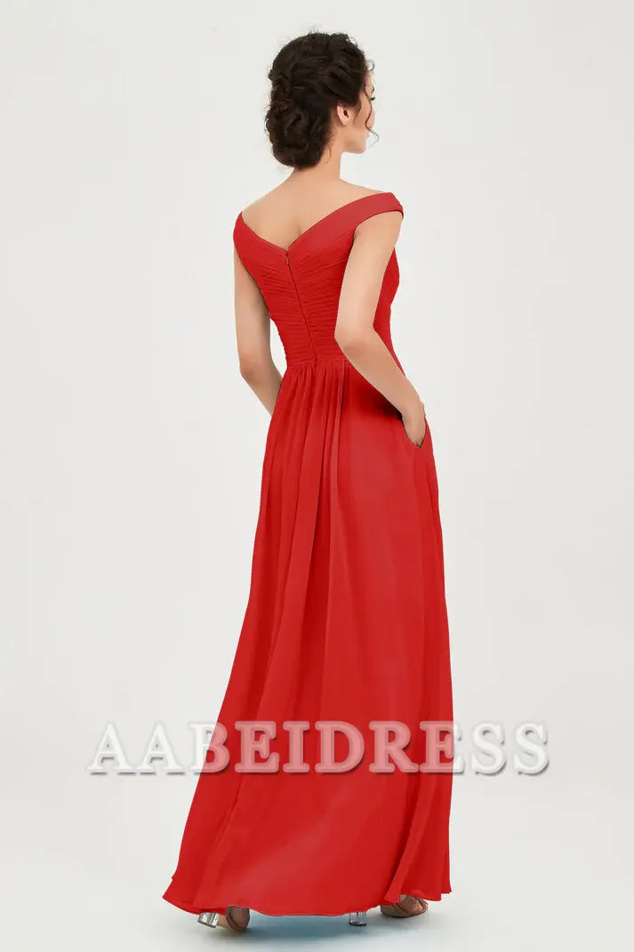 AABEI DRESS Bridesmaid Dresses Chiffon A-Line V-Neck Sleeveless Off-Shoulder Pleated Dresses Wedding Guests Dresses