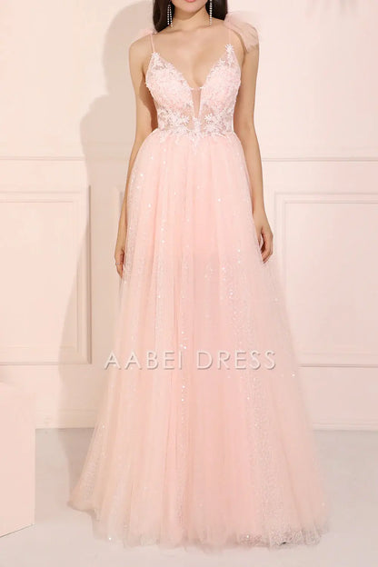 AABEI DRESS Hot Sale Prom Dress Gorgeous A Line Deep V Neck Appliques Backless Sparkle Long Party Dress