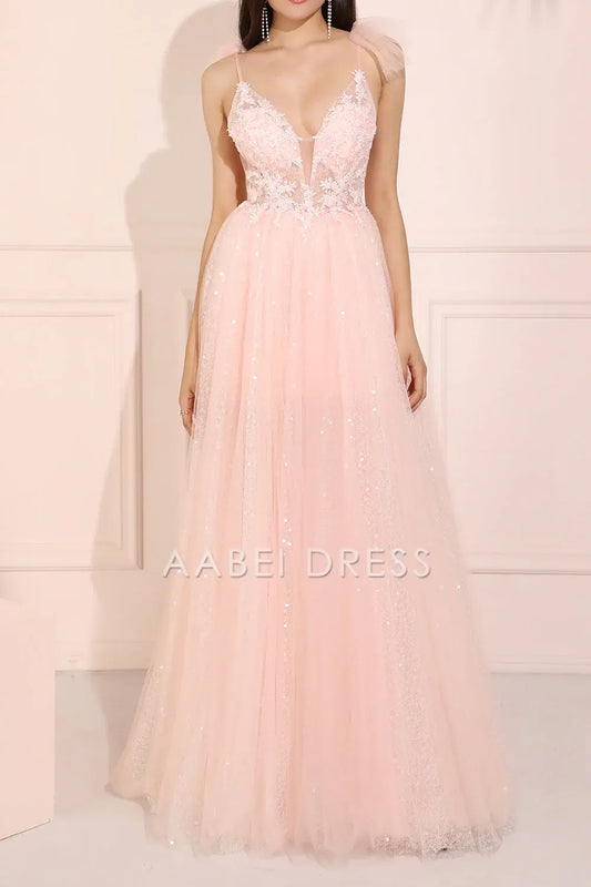AABEI DRESS Hot Sale Prom Dress Gorgeous A Line Deep V Neck Appliques Backless Sparkle Long Party Dress