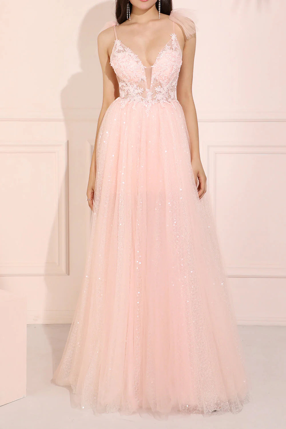 AABEI DRESS Hot Sale Prom Dress Gorgeous A Line Deep V Neck Appliques Backless Sparkle Long Party Dress