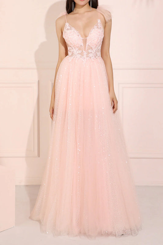 AABEI DRESS Hot Sale Prom Dress Gorgeous A Line Deep V Neck Appliques Backless Sparkle Long Party Dress