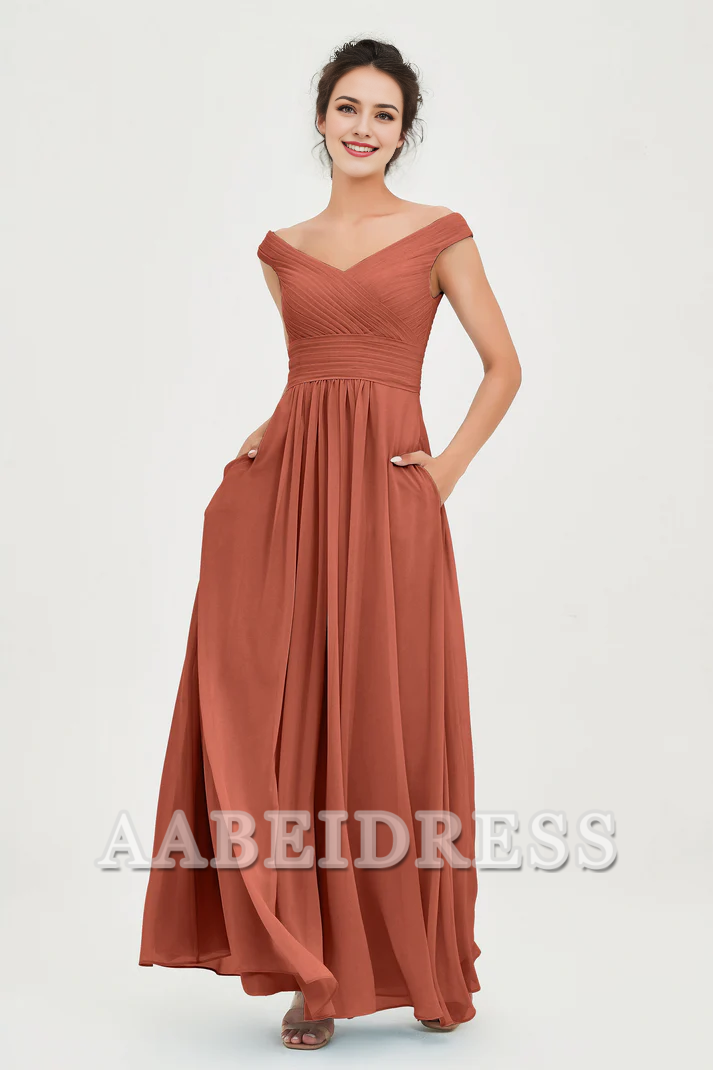 AABEI DRESS Bridesmaid Dresses Chiffon A-Line V-Neck Sleeveless Off-Shoulder Pleated Dresses Wedding Guests Dresses
