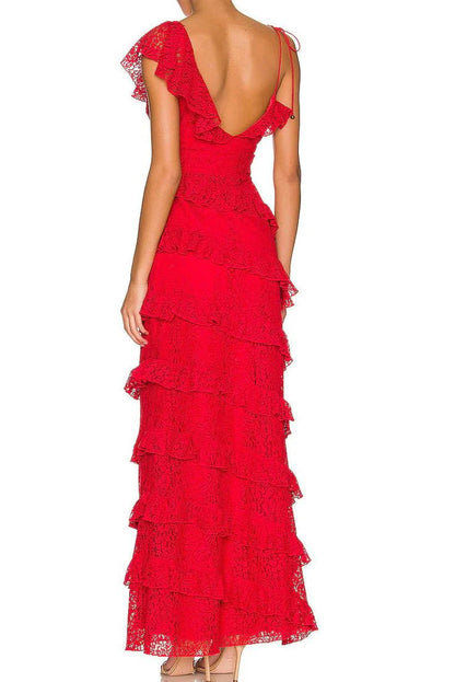 Red Christmas Dress Lace Long Prom Dress Tiered Backless Evening Dresses Fall November Wedding Guest Dress