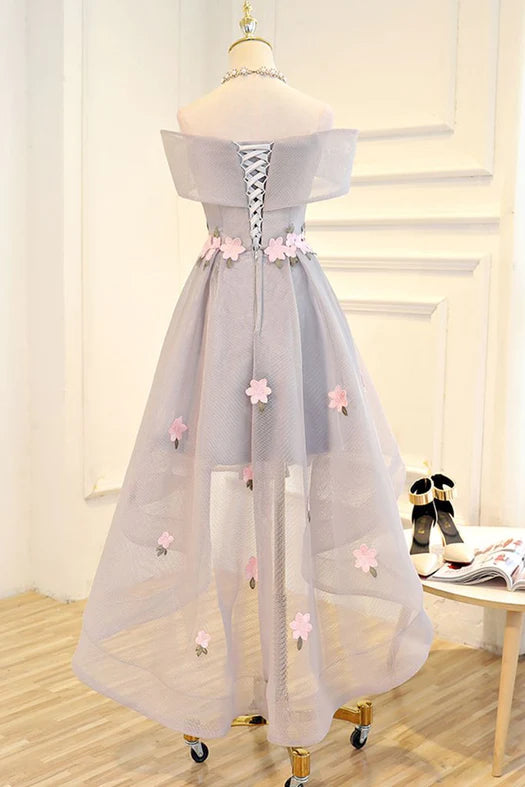 Light Grey Tulle with Flowers High Low Fashionable Party Dress, Grey Homecoming Dresses