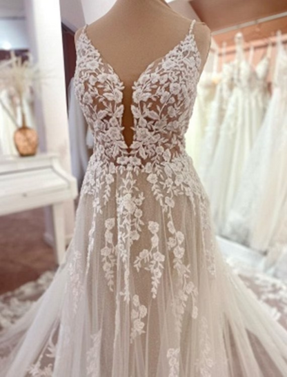 Engagement Open Back Formal Wedding Dresses Chapel Train A-Line Sleeveless Spaghetti Strap Lace With Appliques