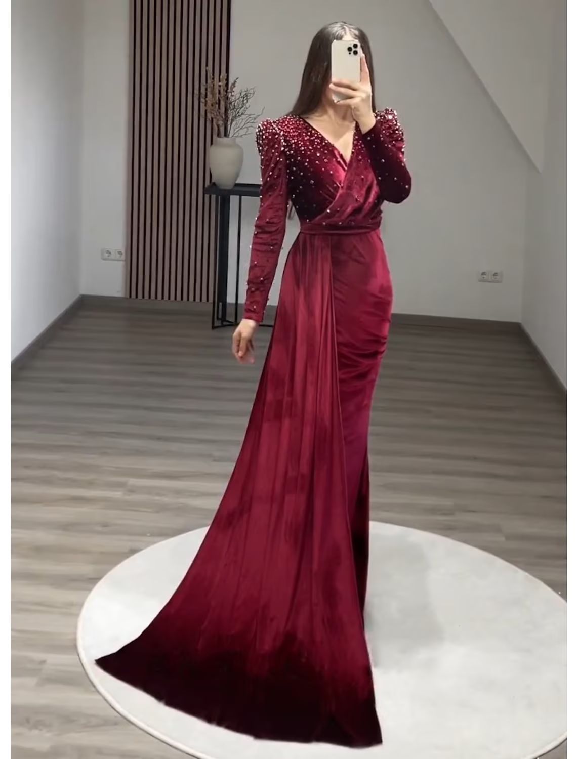 Mermaid / Trumpet Evening Gown Maxi Dress Formal Floor Length Long Sleeve V Neck Velvet with Ruched Pearls