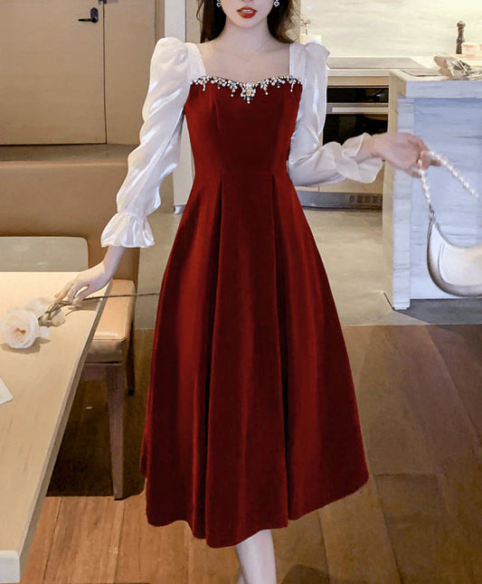 December Wedding Guest Dress Color Block Ruffle Trim Long Sleeves Dress  Bead string Sweet heart Neck Elegant Party Dress