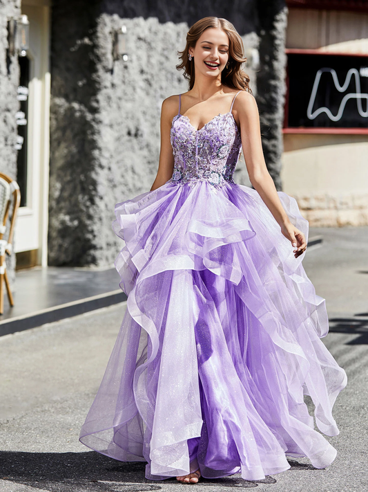 A Line Prom Dress Beaded Top Tulle Ball Gown Dress