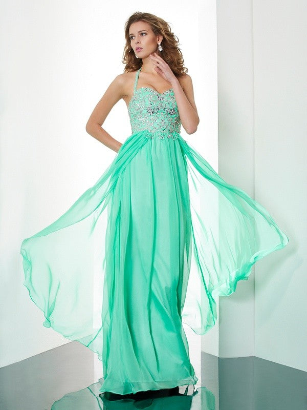 A-Line/Princess Halter Sleeveless Beading Applique Long Chiffon Dresses