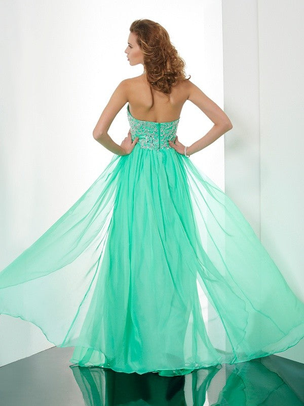 A-Line/Princess Halter Sleeveless Beading Applique Long Chiffon Dresses