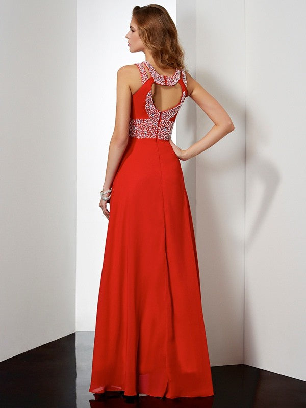 Empire Jewel Sleeveless Acrylic Jewels Long Chiffon Dresses