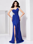 A-Line/Princess One-Shoulder Beading Sleeveless Pleats Long Chiffon Dresses