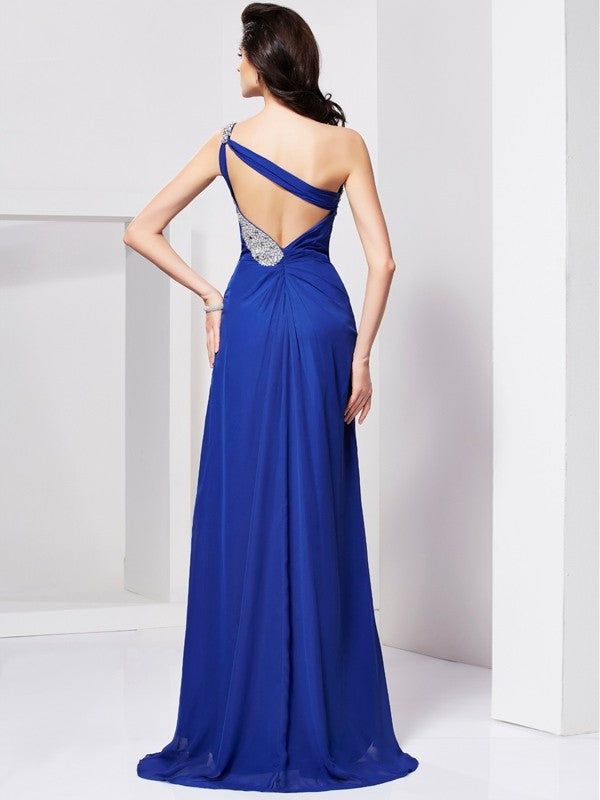 A-Line/Princess One-Shoulder Beading Sleeveless Pleats Long Chiffon Dresses