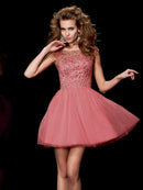 A-Line/Princess Bateau Sleeveless Beading Short Satin Homecoming Dresses