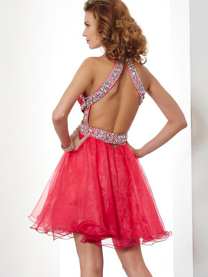 A-Line/Princess Halter Sleeveless Beading Short Organza Homecoming Dresses