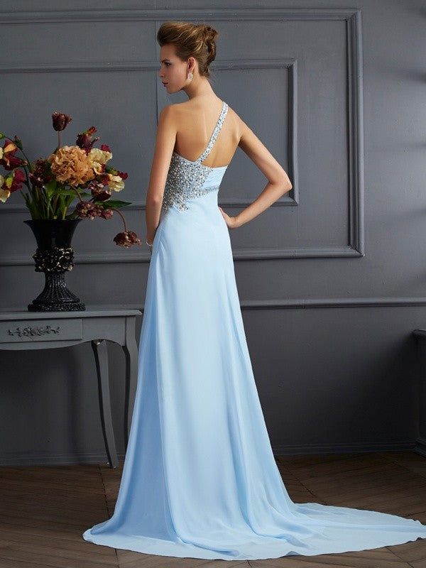 Sheath/Column One-Shoulder Sleeveless Long Beading Chiffon Dresses