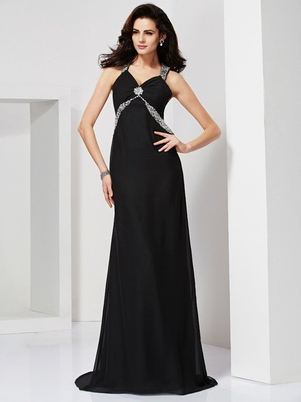 Sheath/Column Straps Sleeveless Beading Long Chiffon Dresses