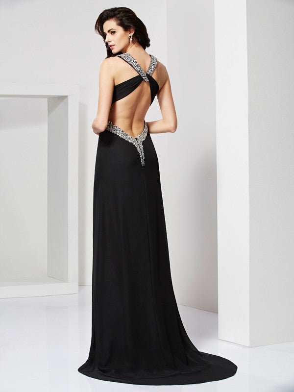 Sheath/Column Straps Sleeveless Beading Long Chiffon Dresses