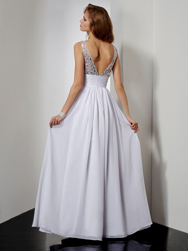 A-Line/Princess V-neck Rhinestone Sleeveless Long Chiffon Dresses