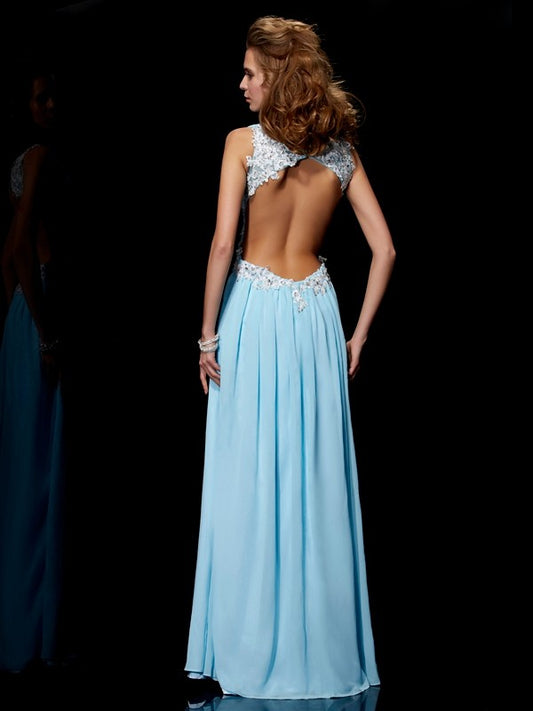 A-Line/Princess Straps Sleeveless Applique Beading Long Chiffon Dresses