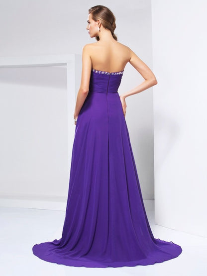 A-Line/Princess Sweetheart Sleeveless Beading Ruched Long Chiffon Dresses