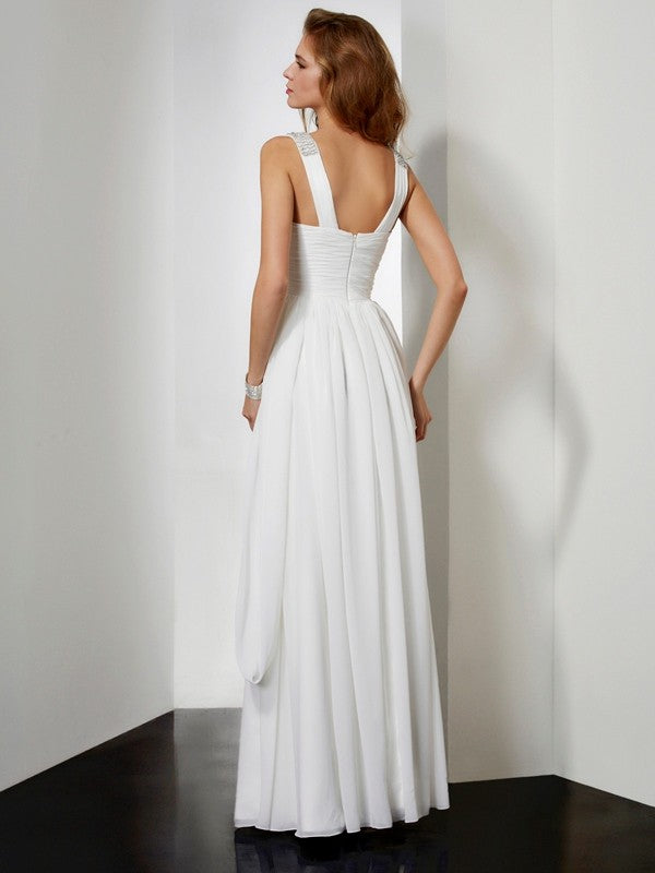 A-Line/Princess V-neck Sleeveless Rhinestone Long Chiffon Dresses