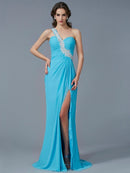 Sheath/Column One-Shoulder Sleeveless Beading Applique Long Chiffon Dresses