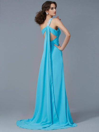 Sheath/Column One-Shoulder Sleeveless Beading Applique Long Chiffon Dresses