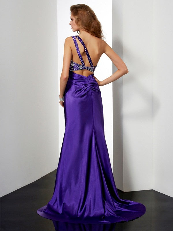 Sheath/Column Beading One-Shoulder Long Silk like Satin Dresses #40098 $142