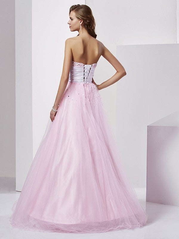 Ball Gown Strapless Sleeveless Beading Long  Woven Satin Quinceanera Dresses