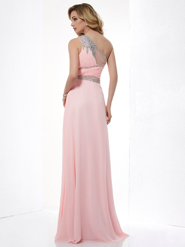 A-Line/Princess One-Shoulder Sleeveless Beading Chiffon Long Dresses