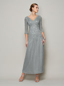 Sheath/Column V-neck 1/2 Sleeves Beading Long 30D Chiffon Mother of the Bride Dresses