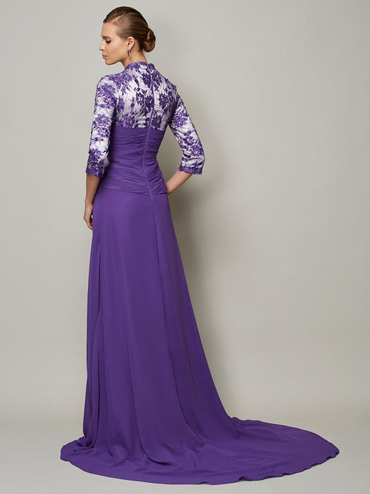 A-Line/Princess V-neck 1/2 Sleeves Beading Long Chiffon Dresses